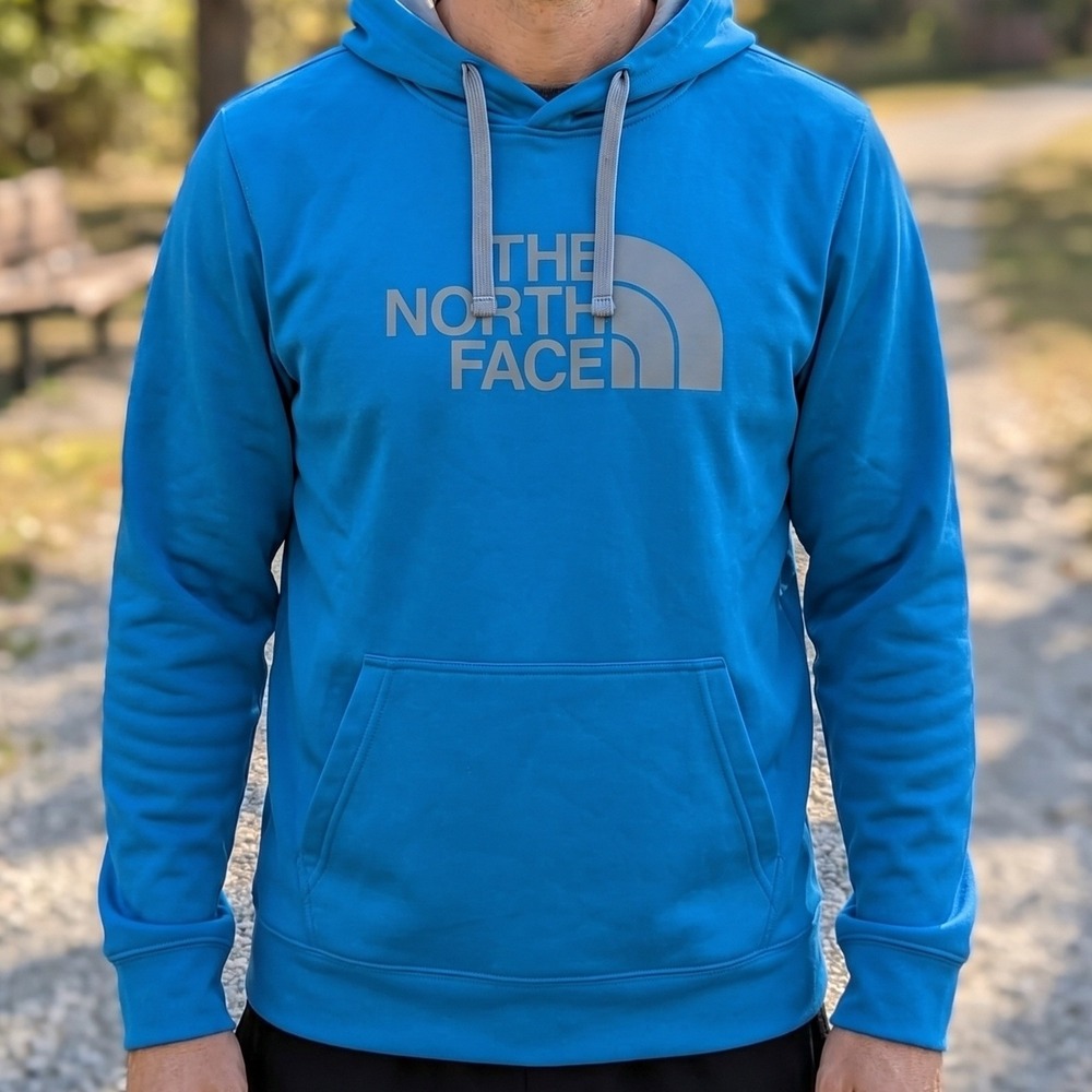 The North Face Mens Blue Graphic Logo Pullover Hoodie Fleece Lined Activewear L